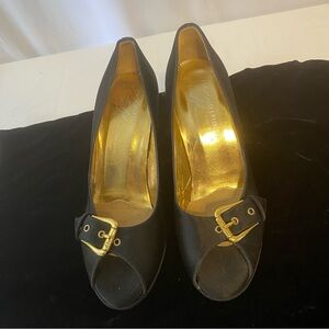 Donald J Pliner Black Satin Peep Toe Heels size 5.5